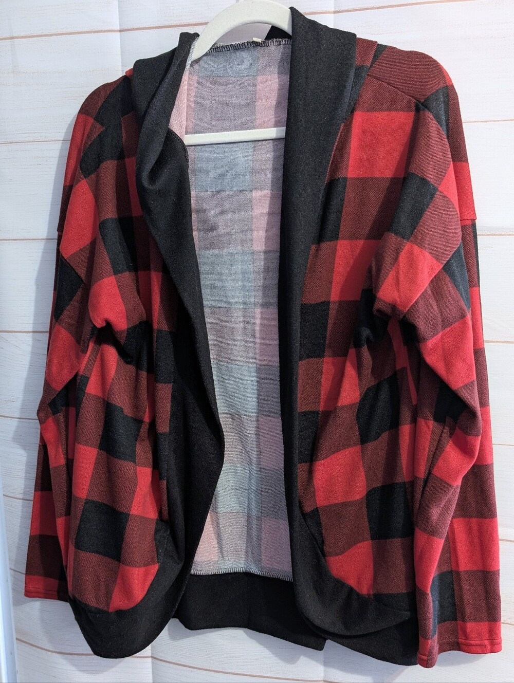 Red & Black Plaid Open-Front Hooded Cardigan Size 2XL